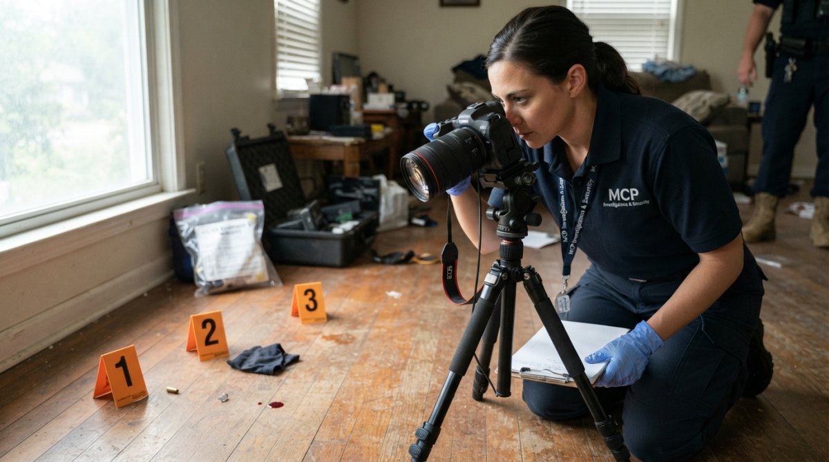 A professional investigator in plain clothes photographing numbered evidence markers at a scene, using a digital camera on a tripod with natural daylight