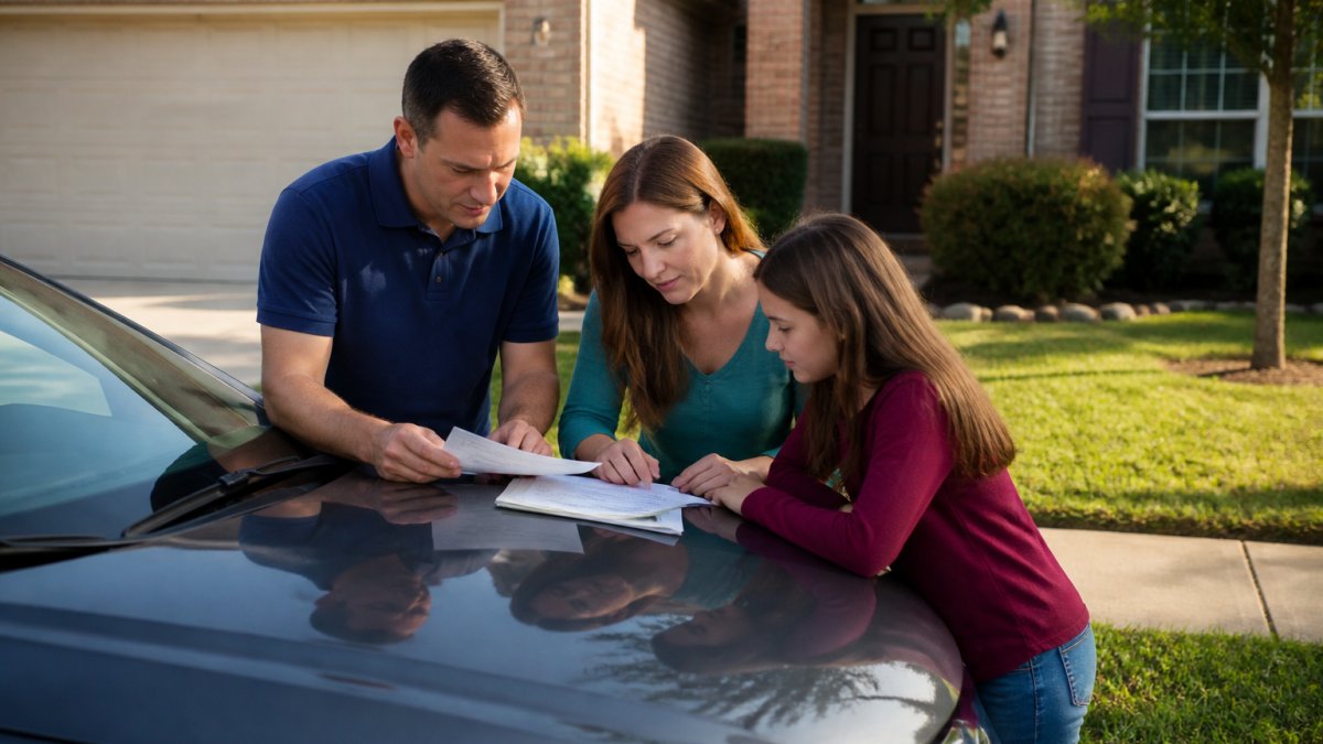 A family in a suburban Plano driveway reviewing insurance paperwork on the hood of a parked sedan, brick house and green lawn behind them, late afternoon light