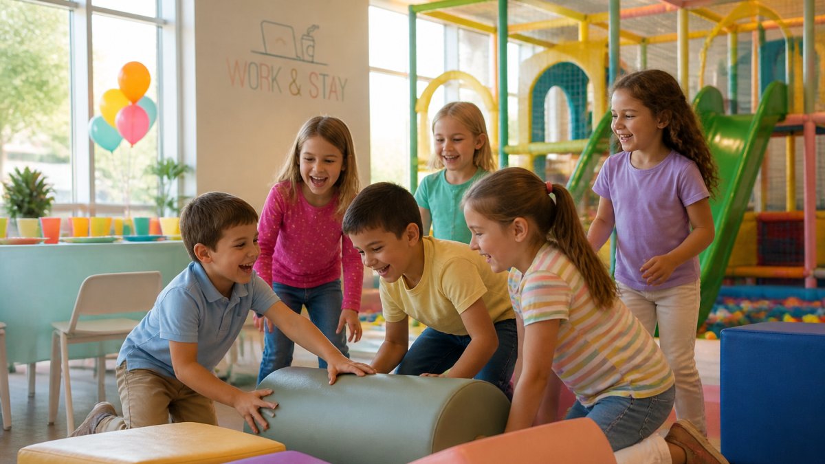 A group of 6-year-olds playing and celebrating in a bright, colorful indoor play space with climbing structures, slides, and soft play equipment, natural lighting streaming through windows