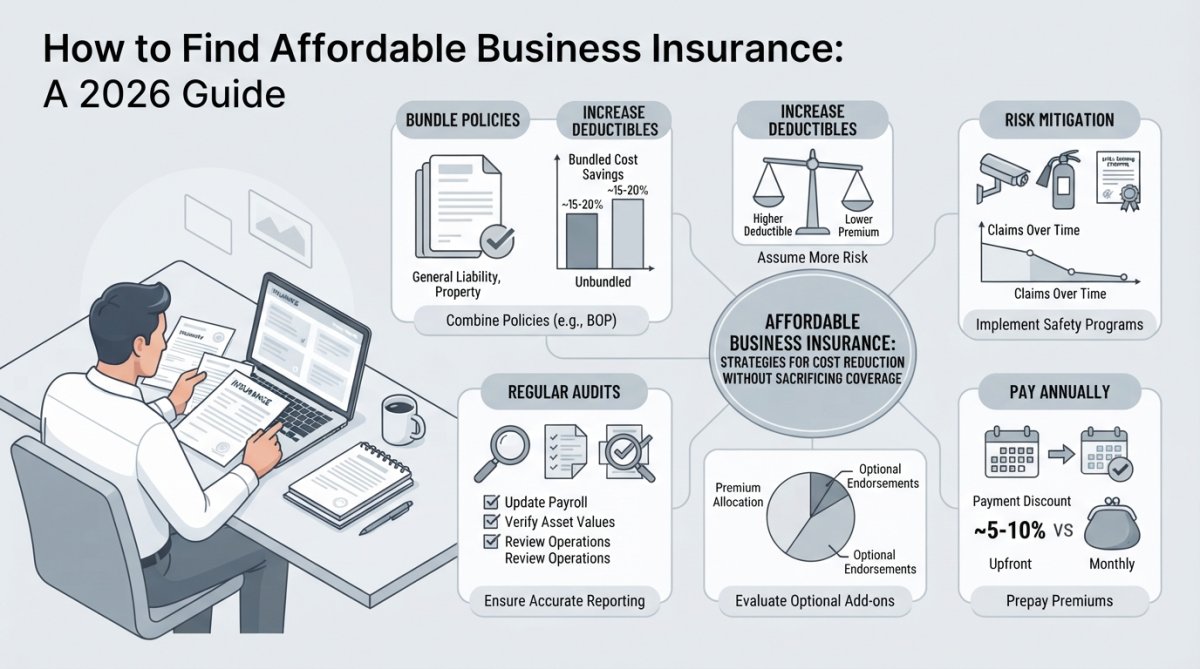 Business owner reviewing insurance documents and comparing quotes on a laptop at their desk with a notepad and coffee nearby