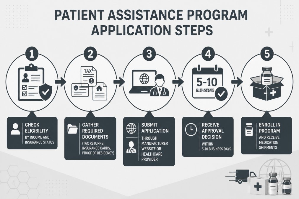 Flowchart showing patient assistance program application steps: Step 1 - Check eligibility by income and insurance status, Step 2 - Gather required documents (tax returns, insurance cards, proof of residency), Step 3 - Submit application through manufacturer website or healthcare provider, Step 4 - Receive approval decision within 5-10 business days, Step 5 - Enroll in program and receive medication shipments