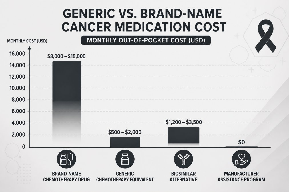 Bar chart comparing monthly out-of-pocket costs for cancer medications: Brand-name chemotherapy drug $8,000-$15,000 per month, Generic chemotherapy equivalent $500-$2,000 per month, Biosimilar alternative $1,200-$3,500 per month, Manufacturer assistance program $0 per month
