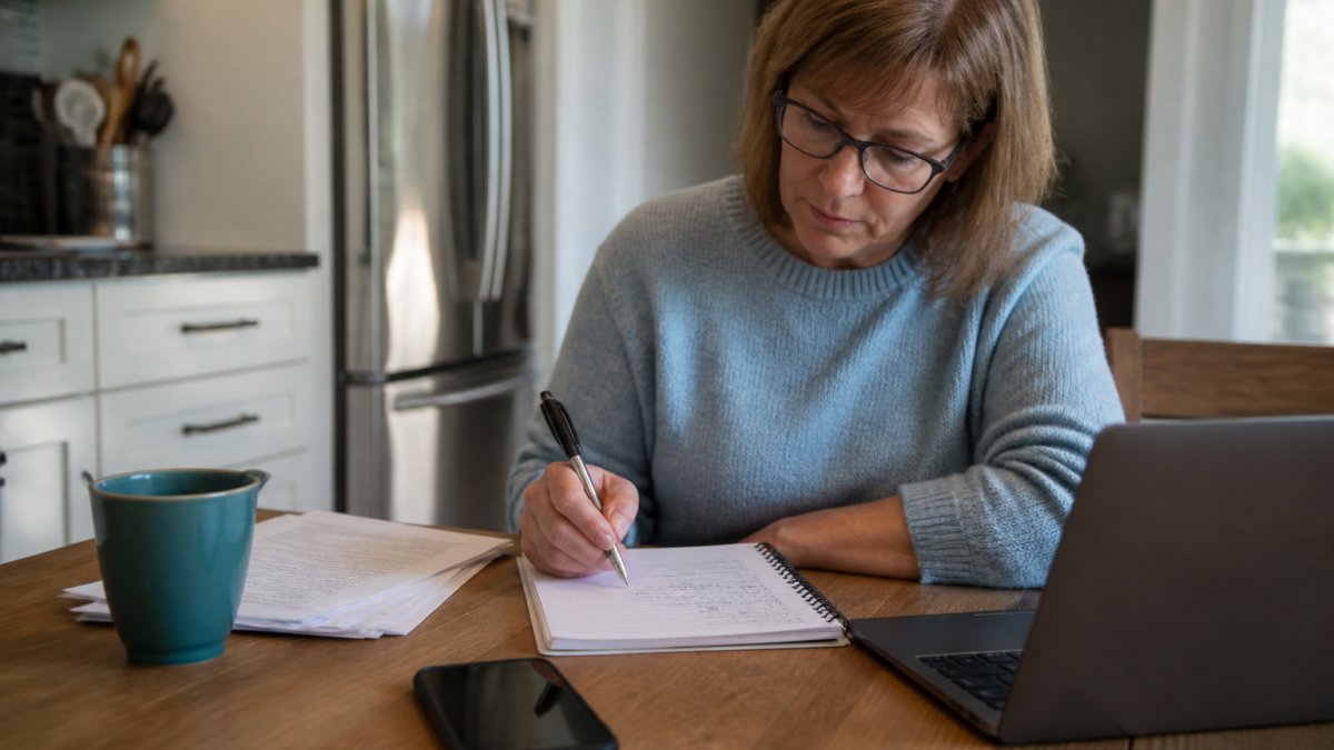 A person in their fifties sitting at a kitchen table with a laptop, notebook, and phone, comparing local clinic listings and jotting down addresses and phone numbers