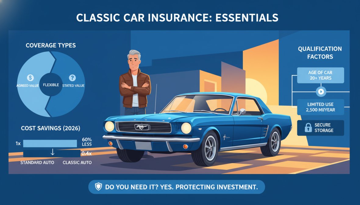 A gleaming 1965 Ford Mustang fastback parked on a sunlit Nevada street, with a proud middle-aged owner standing beside it in a leather jacket, arms crossed, admiring the restored chrome details in warm afternoon light