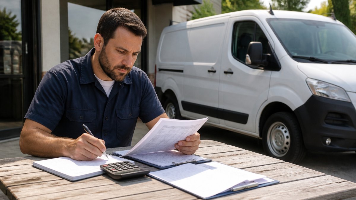 Small business owner reviewing paperwork by a work van to find affordable commercial auto insurance in Florida.
