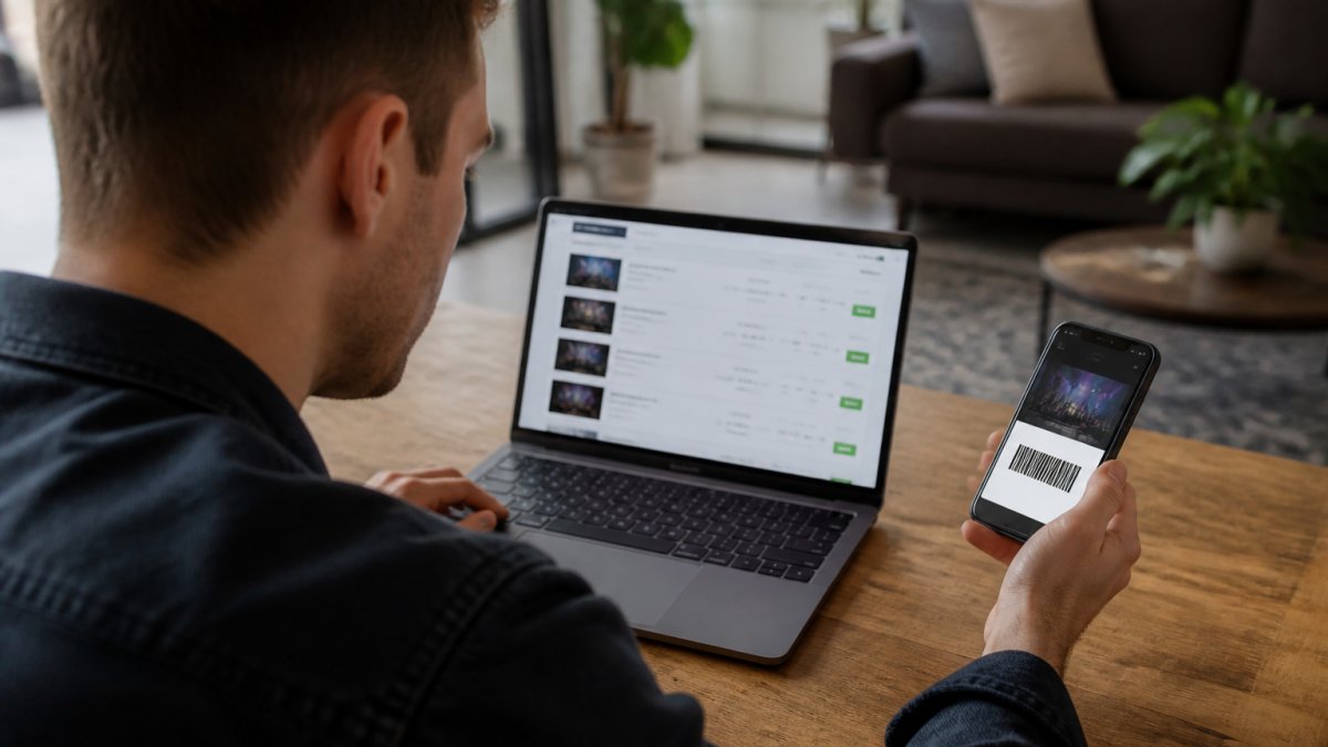 A person at a laptop comparing concert ticket listings on a resale marketplace, with a smartphone showing a mobile ticket barcode beside them