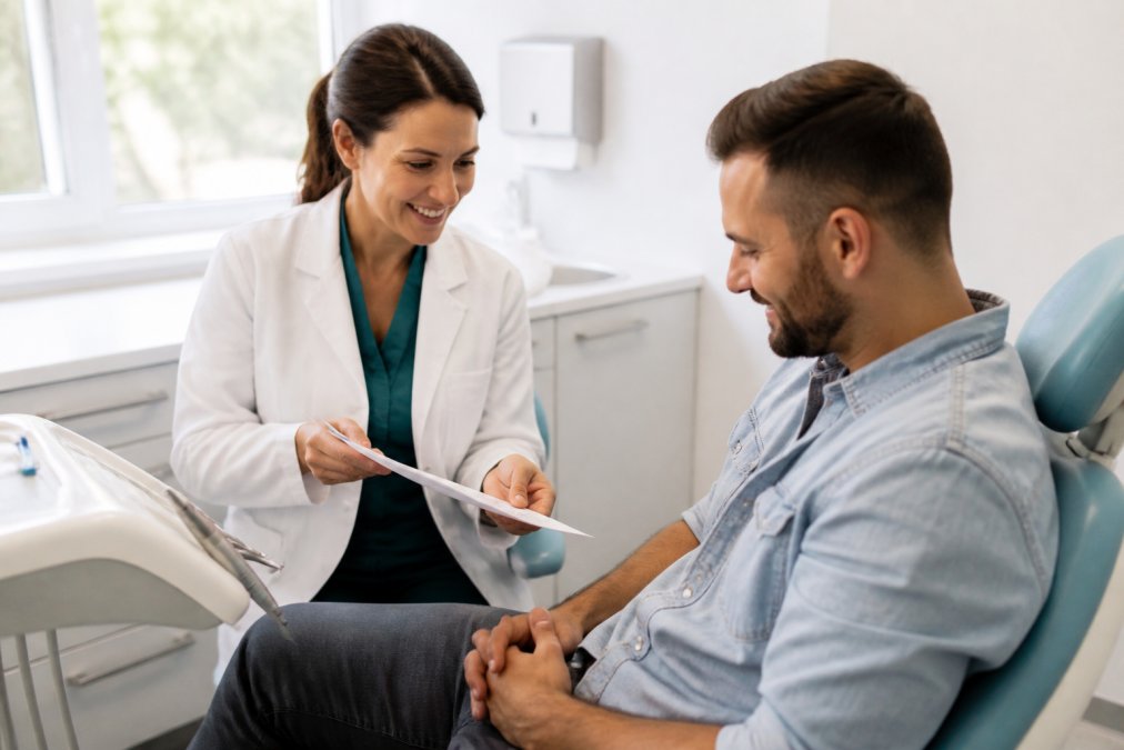 Professional illustration showing friendly and dentist and modern concepts for affordable dental care