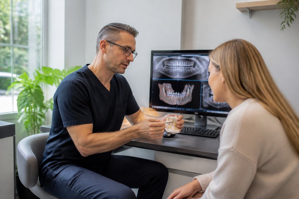 Patient consultation with dentist reviewing treatment plan in modern dental practice, natural window lighting, professional environment with visible 3D imaging screen