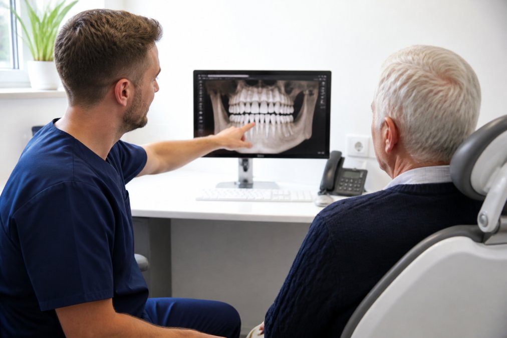 Dentist and patient reviewing 3D dental imaging on computer screen during consultation, professional consultation room with modern diagnostic equipment