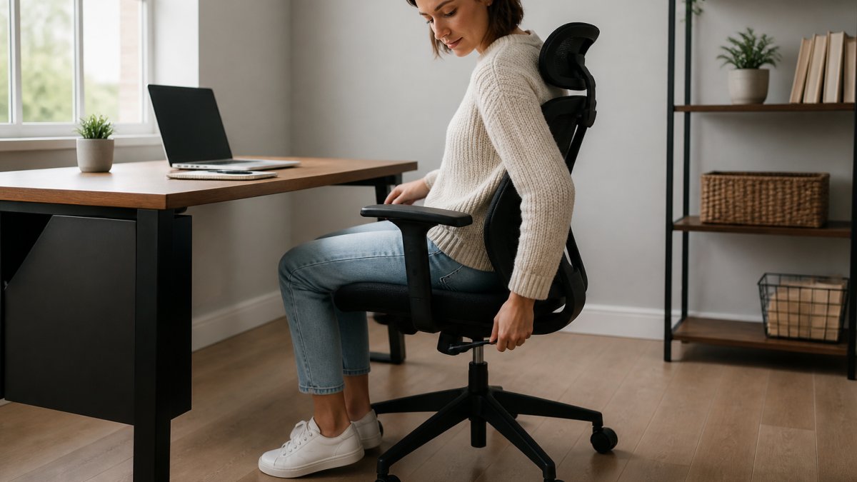 Person adjusting the seat height lever on an ergonomic office chair at a bright home desk