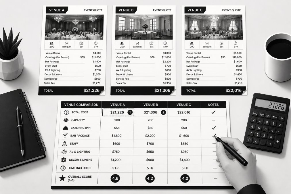 Event planner comparing three printed venue quotes side-by-side with a filled-out comparison worksheet, highlighting cost totals and key criteria, natural office lighting