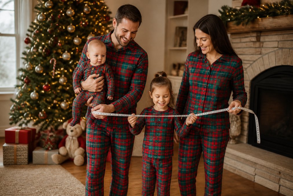 A family of four in affordable family matching sleepwear using a measuring tape by a Christmas tree.