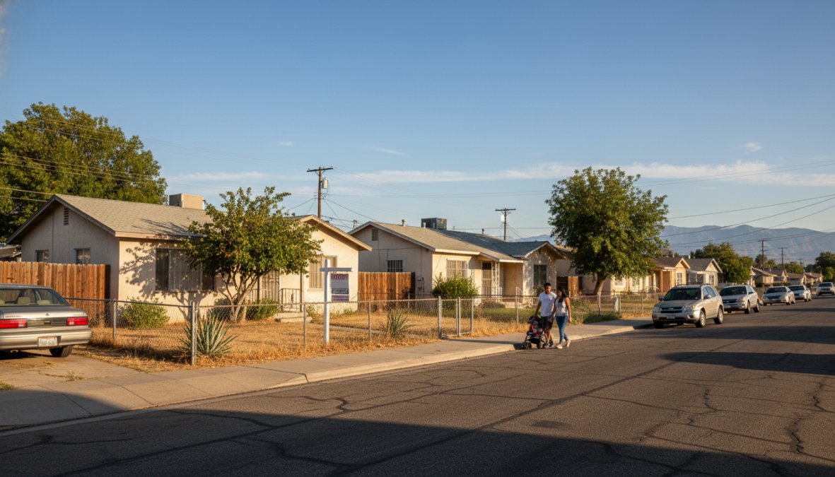 A quiet, tree-lined residential street in a Fresno neighborhood with modest single-family homes, well-kept lawns, and a warm California afternoon sun casting long shadows across the sidewalk