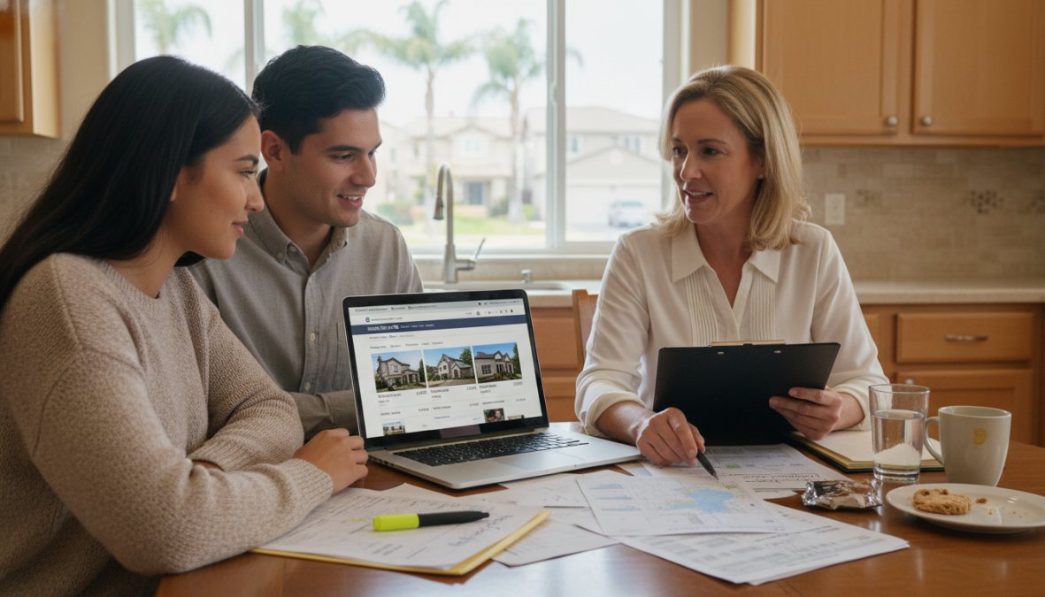 A young couple sitting at a kitchen table with a laptop open showing real estate listings, reviewing printed documents together with a friendly real estate agent pointing to a specific property on the screen, warm natural light from a nearby window