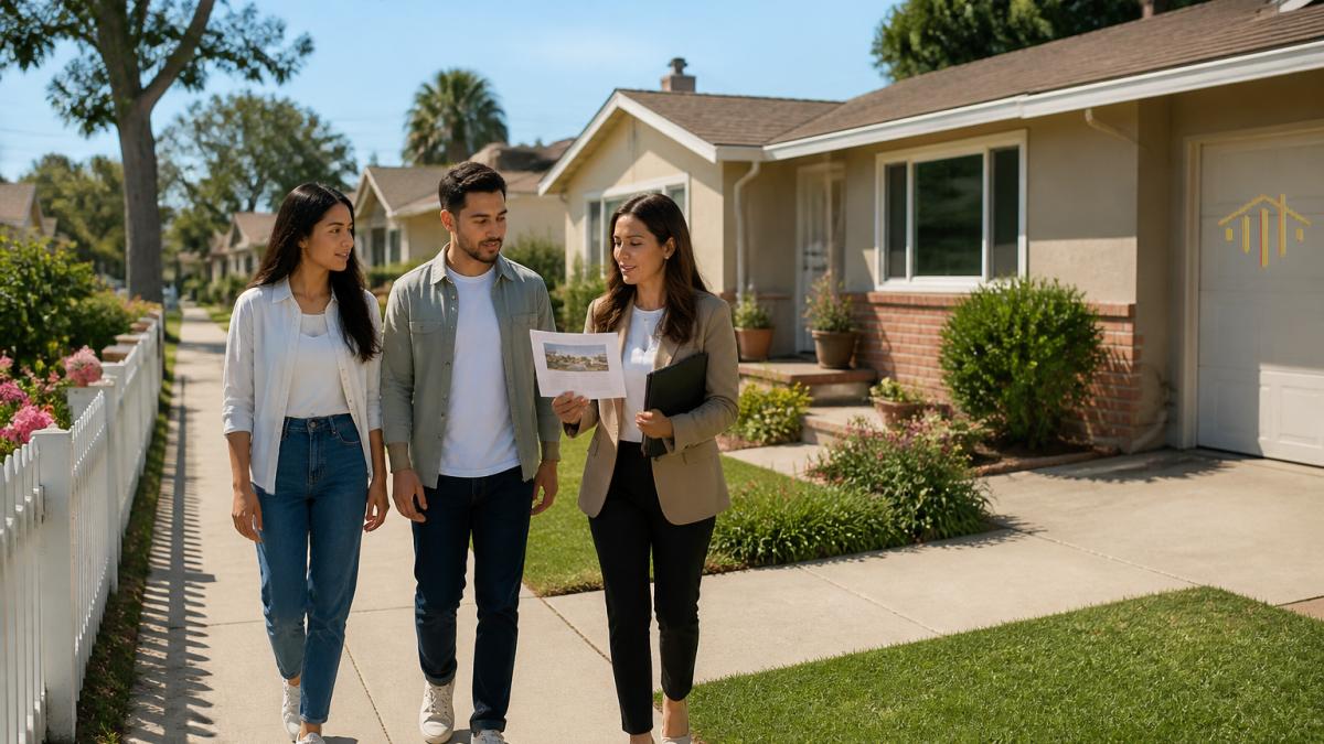 A young couple walking with a real estate agent down a sunny residential street of modest single-story homes, looking at a listing sheet