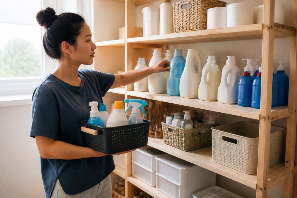 Budget-conscious shopper organizing household essentials on wooden shelves with cleaning supplies, laundry detergent bottles, and personal care items neatly arranged in morning natural light
