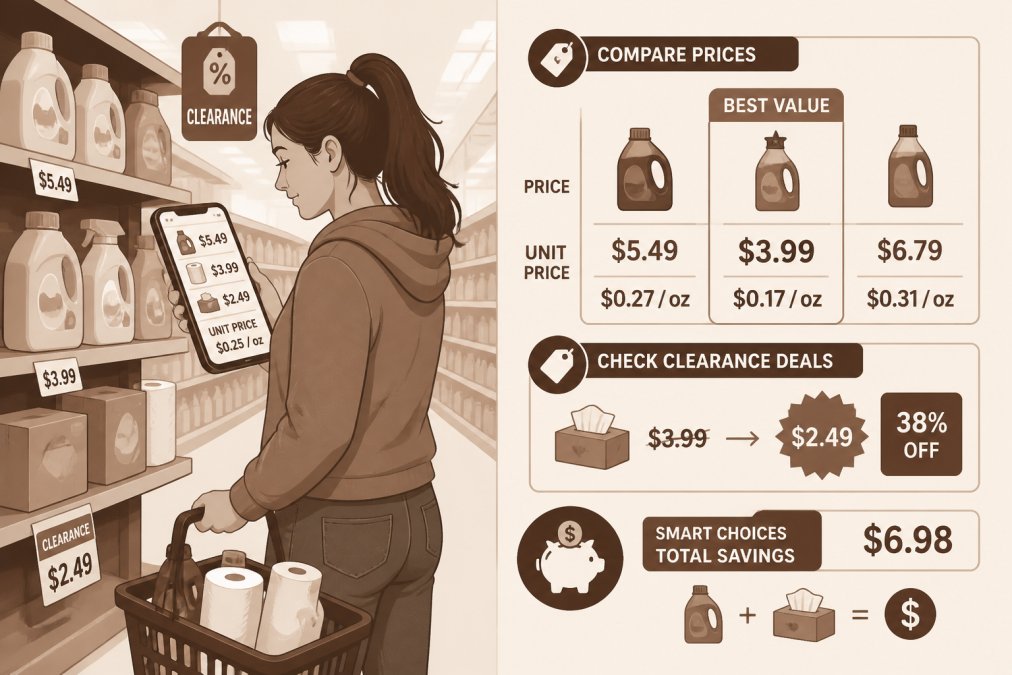 Shopper in casual clothing comparing prices on smartphone while standing in store aisle with household products, checking unit prices and clearance deals in bright fluorescent lighting