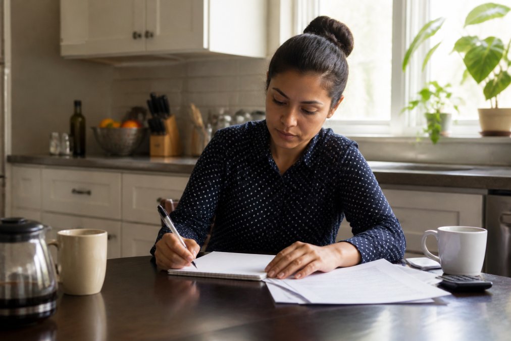 A person sitting at a kitchen table with a laptop open, reviewing legal documents and taking notes on a notepad, looking focused and calm in warm morning light