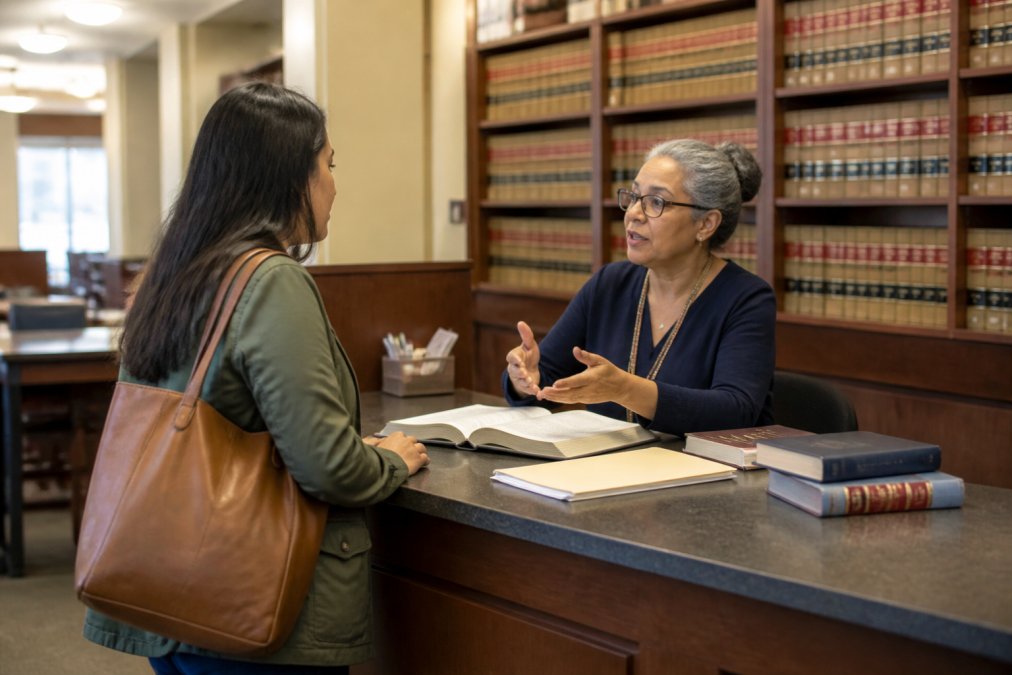 A person standing at a public law library counter speaking with a librarian, with shelves of legal reference books visible in the background under warm overhead lighting