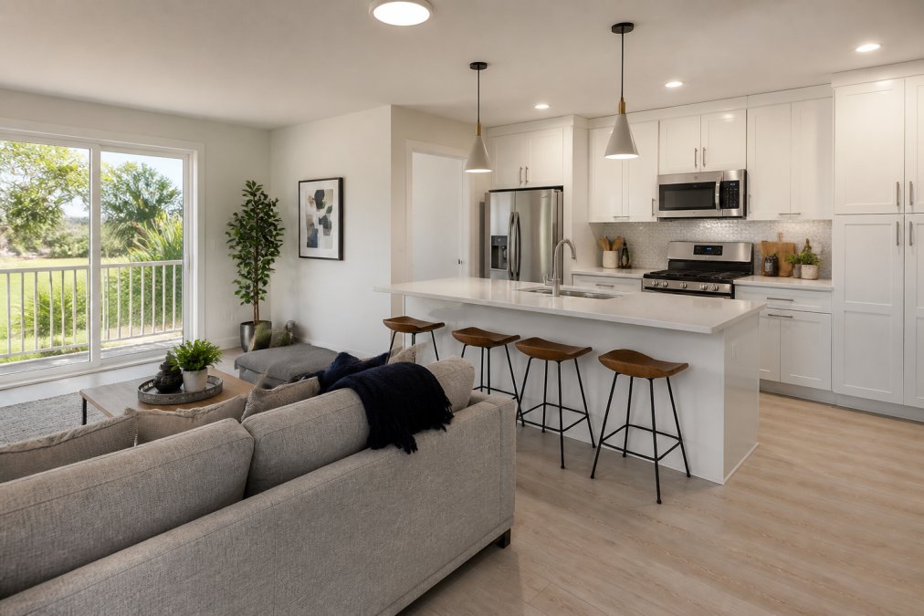 Modern one-bedroom apartment interior with stainless steel appliances, quartz countertops, and contemporary finishes, natural light streaming through large windows into a spacious living area