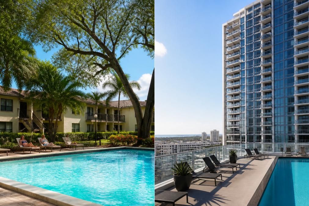 Resort-style pool surrounded by lush landscaped grounds and mature trees, garden-style apartment buildings visible in background, residents relaxing in lounge chairs on sunny afternoon