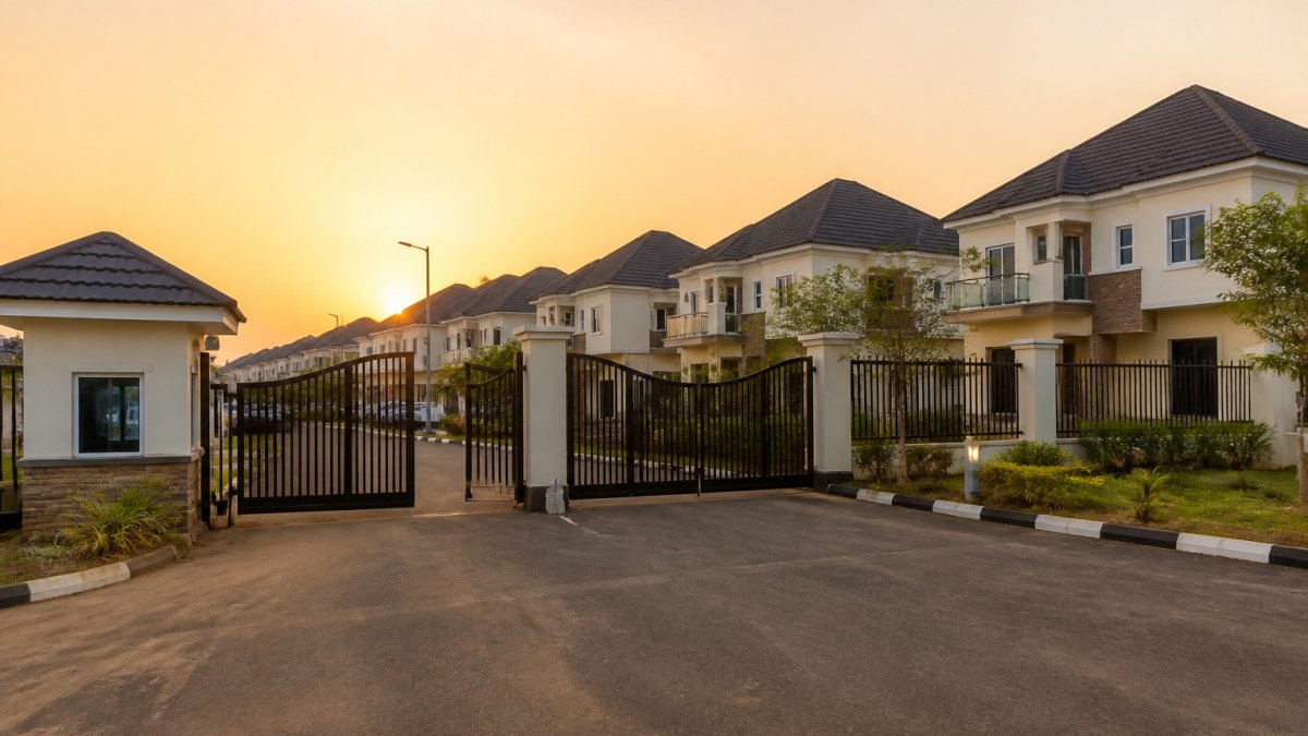 Gated entrance of a residential estate in Abuja featuring modern affordable luxury homes at golden hour.