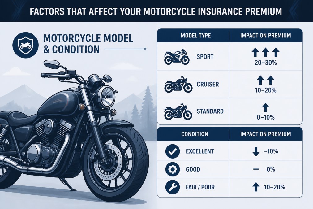 Close-up of a motorcycle parked outdoors showing the bike's details, representing how motorcycle model and condition impact insurance rates