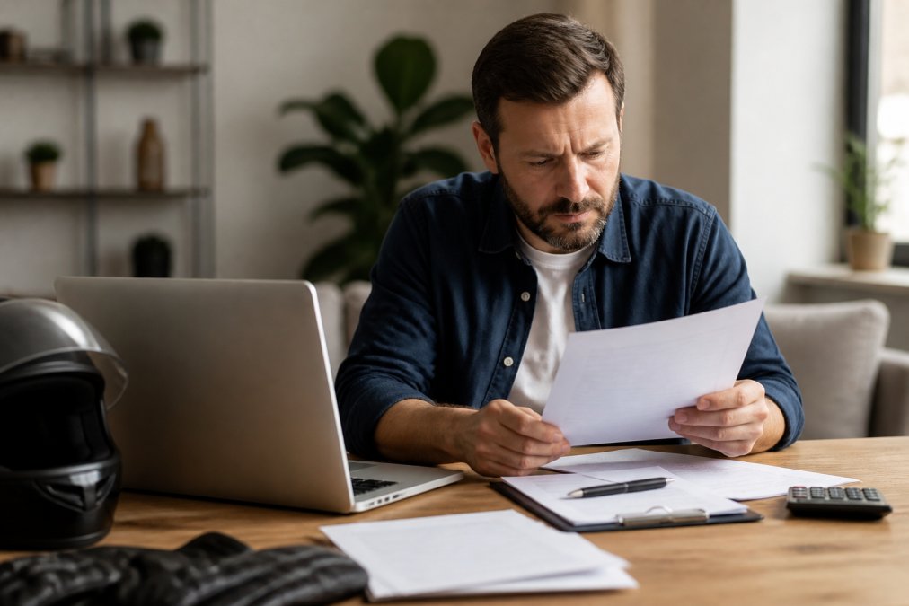 Motorcycle owner sitting at a desk with laptop and paperwork, reviewing insurance documents and quotes with a focused expression