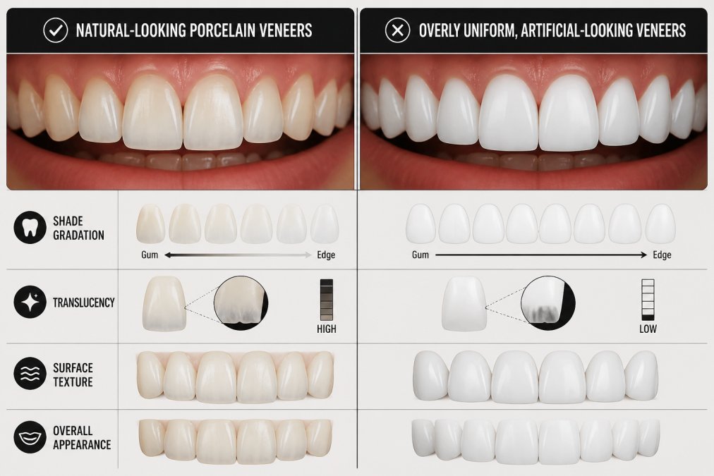 Close-up comparison of natural-looking porcelain veneers versus overly uniform, artificial-looking veneers showing the difference in shade gradation and translucency