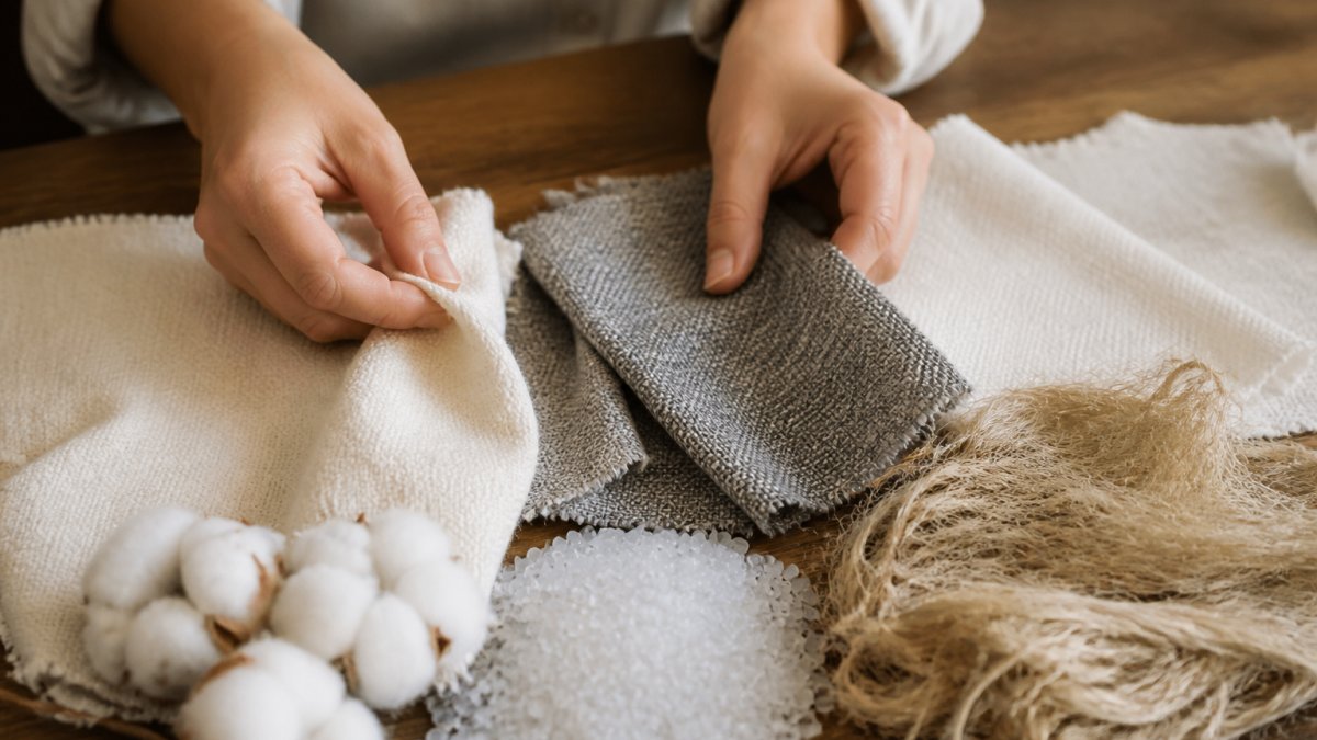 Close-up of hands examining different fabric textures and materials laid out on a wooden table, showing organic cotton, recycled polyester, and bamboo fibers with natural lighting