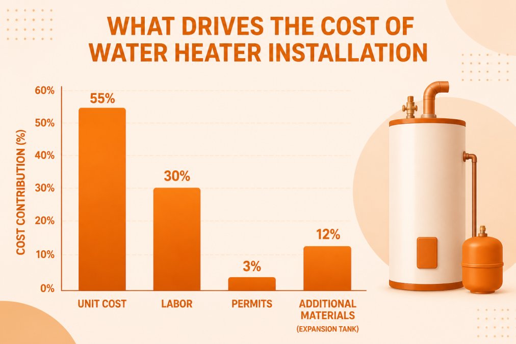 Bar chart showing the primary cost components of water heater installation: unit cost 55%, labor 30%, permits 3%, additional materials like expansion tank 12%
