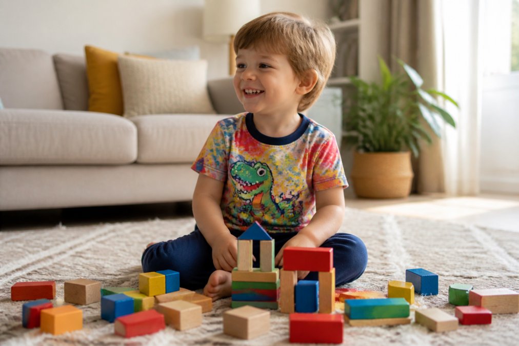 A smiling three-year-old in a colorful graphic t-shirt playing with building blocks on a sunny living room floor.