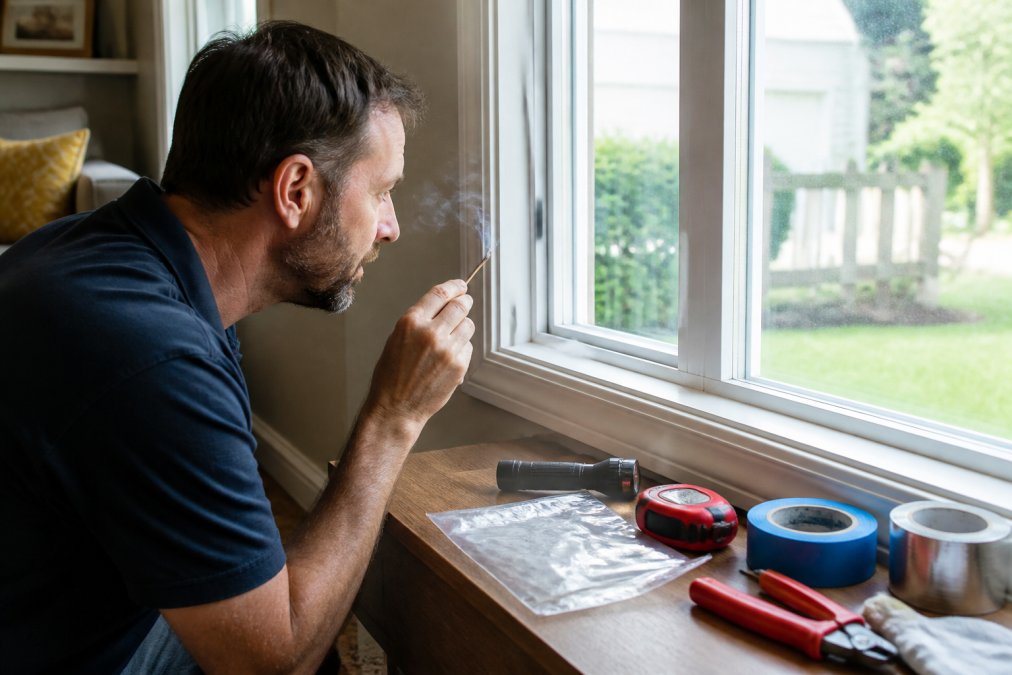 Homeowner using a lit incense stick to detect air leaks around a drafty window frame in a living room