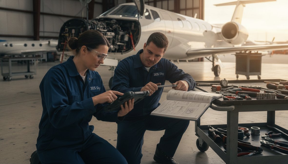 Aircraft mechanic in uniform inspecting an aircraft engine with tools and technical documentation nearby, bright hangar lighting