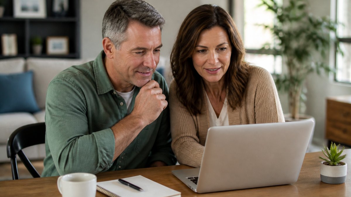 Couple reviewing cruise options on a laptop with a notebook and pen, planning their vacation at a home desk with a coffee cup nearby