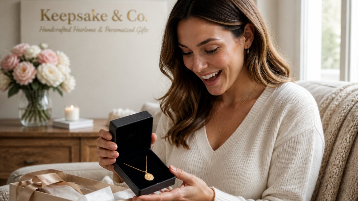 Woman carefully examining an engraved necklace with genuine delight, holding the jewelry box open with soft natural light illuminating the pendant