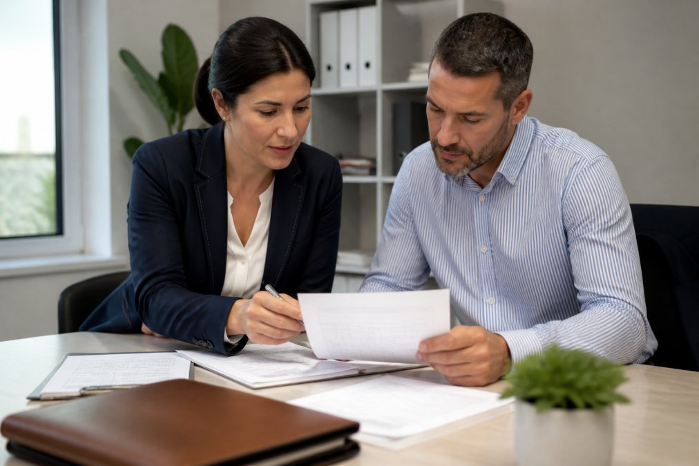 A professional accountant in a tailored blazer sits beside a small business owner at a clean desk, reviewing printed financial statements together under bright office lighting