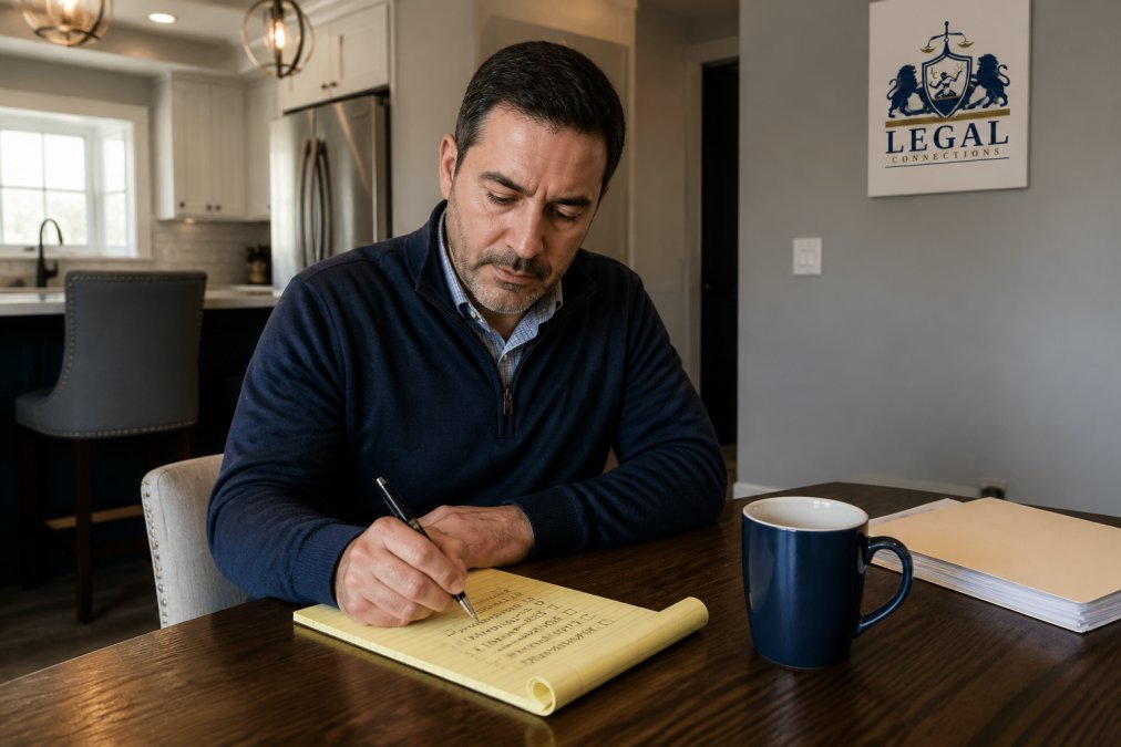 A person sitting at a kitchen table with a notepad, pen, and laptop, reviewing a checklist of questions before a phone consultation
