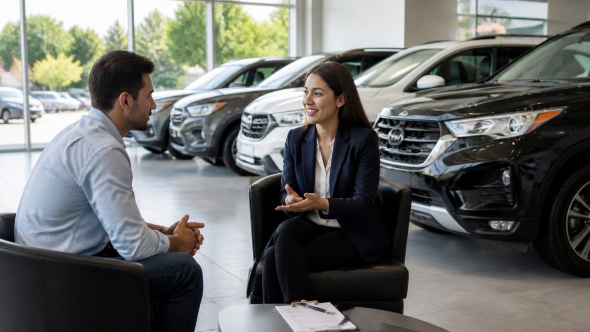 First-time car buyer sitting in a dealership showroom, speaking with a friendly sales representative near a row of pre-owned SUVs and sedans, bright natural light streaming through large windows