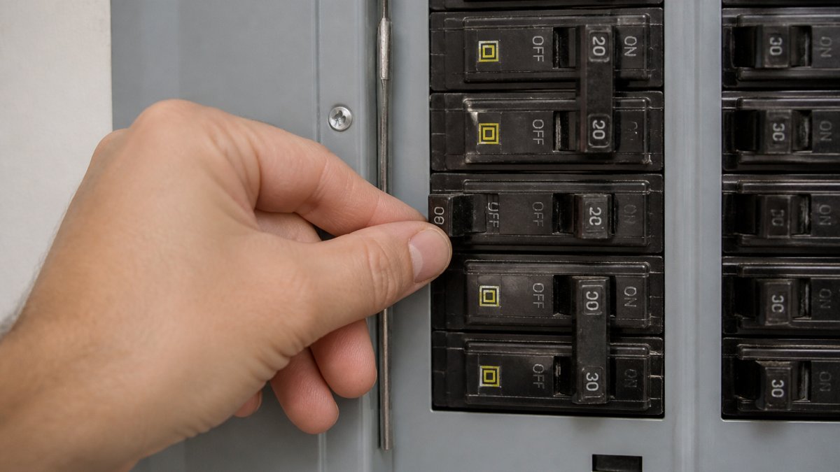 Homeowner's hand flipping off a circuit breaker switch in an electrical panel, showing the breaker clearly in the OFF position with other breakers visible