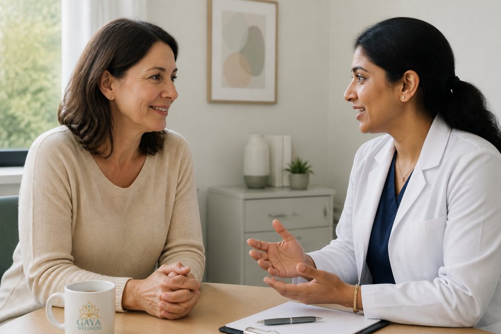 Professional woman in her 50s having a thoughtful, engaged conversation with a female healthcare provider in a bright, welcoming clinical setting with natural lighting, both appearing comfortable and the patient looking heard