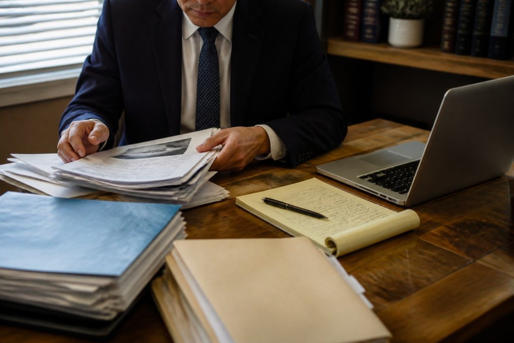 Legal professional reviewing medical records and credentials at a desk to help find an expert witness for medical malpractice