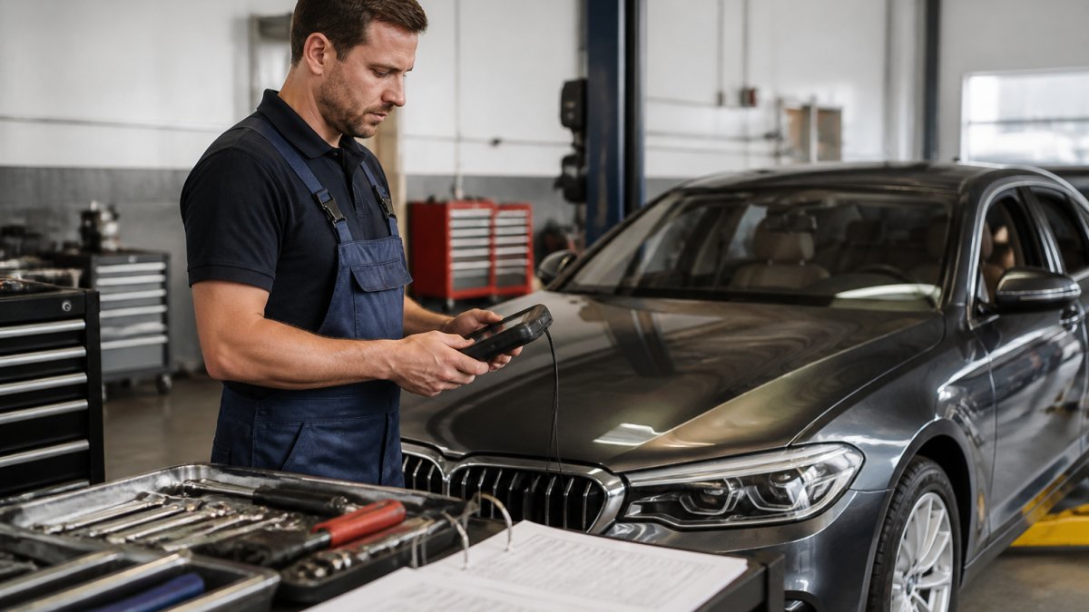 Diagnostic flowchart for an honest european car mechanic evaluating luxury vehicle repairs in a workshop