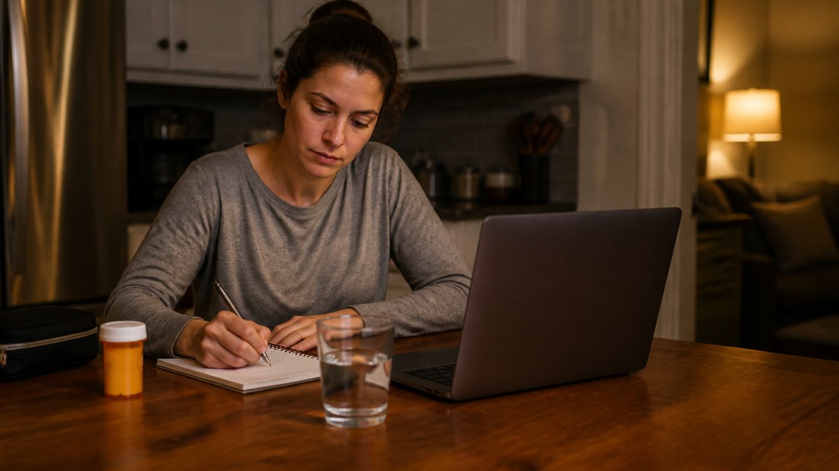 A person sitting at a kitchen table at night with a laptop open to a video call, a notebook, a glass of water, and a pill bottle nearby, warm lamp light in the background