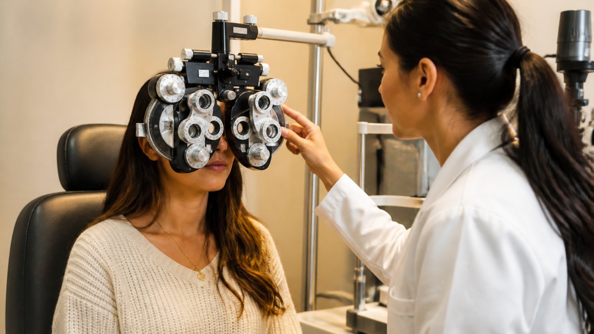 Patient seated in examination chair while optometrist adjusts phoropter during comprehensive vision testing in modern clinical setting with warm lighting