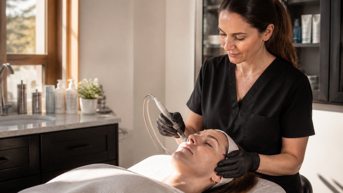Professional aesthetician performing hydrafacial treatment on patient in modern clinical spa setting, using handheld vortex device with serums, natural lighting highlighting the treatment environment