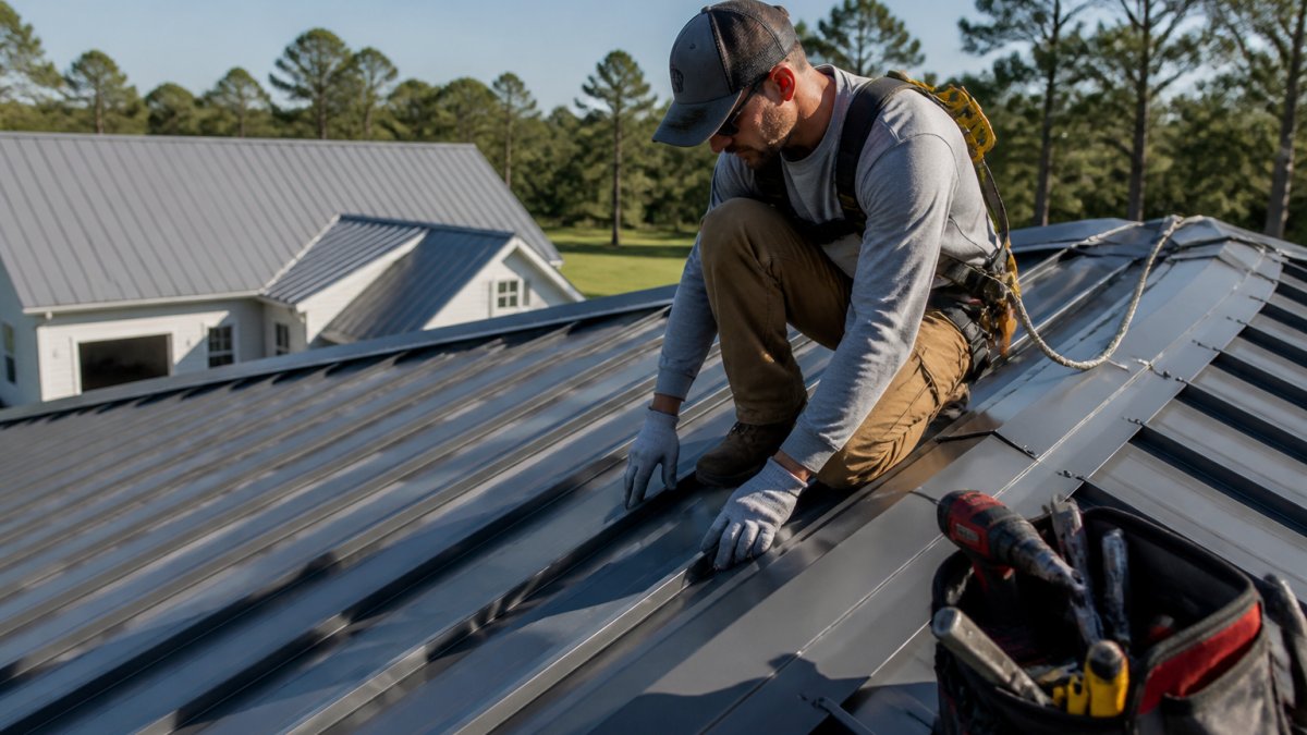 Professional metal roofer in work gear and safety equipment inspecting a residential metal roof during daylight, demonstrating proper inspection practices
