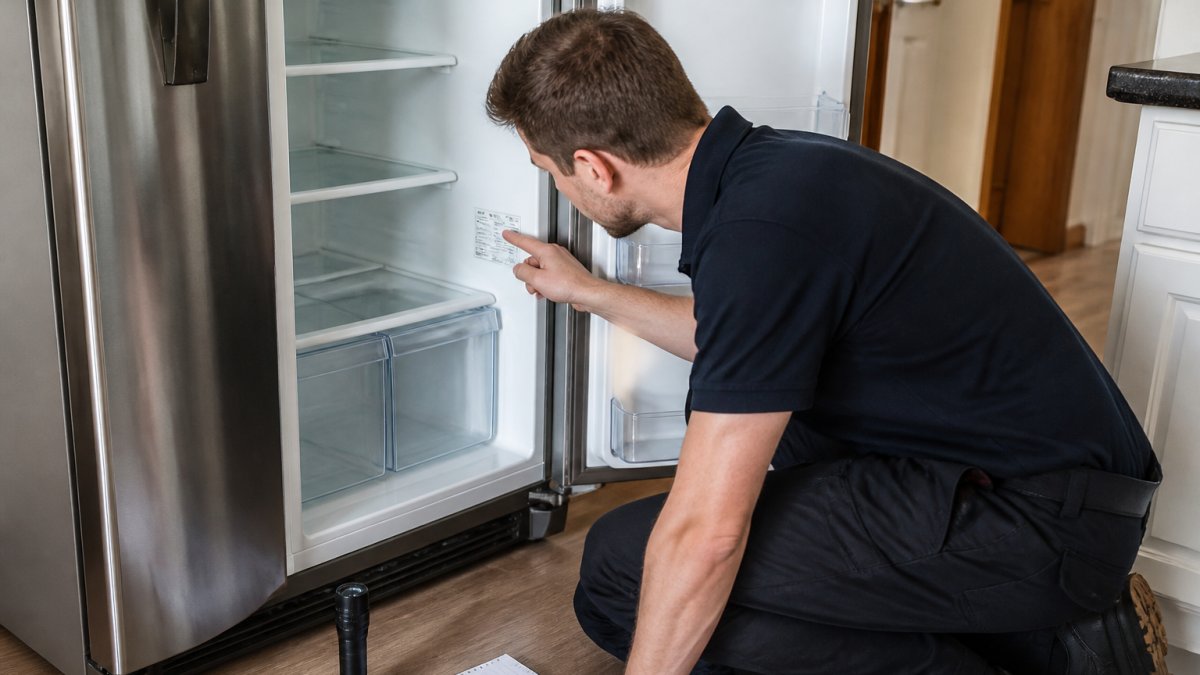 A person kneeling beside an open refrigerator door in a home kitchen, pointing at the compliance plate sticker on the inner left wall of the fridge, with a torch and notepad nearby