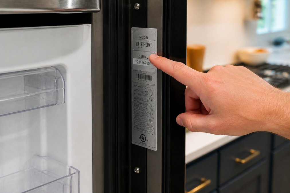 A close-up photograph of a person's hand pointing to a silver data plate sticker on the inside frame of an open refrigerator door, with the model and serial number clearly visible, bright kitchen lighting