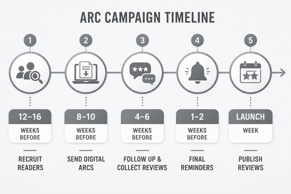 Timeline infographic showing the ARC campaign schedule to recruit arc readers and manage the book launch process.